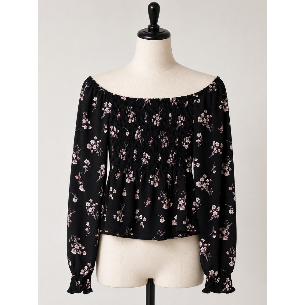 Black Floral Smocked Off The Shoulder Long Sleeve Blouse Top Boho Pink Flowers